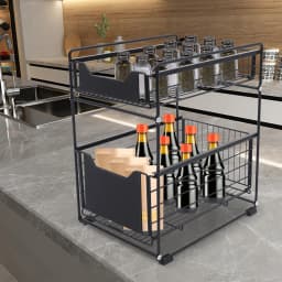 Under Sink Storage Telescopic Drawer 2-Stores Metal Sliding Spice Organizer Storage Holder Basket for Kitchen Bathroom