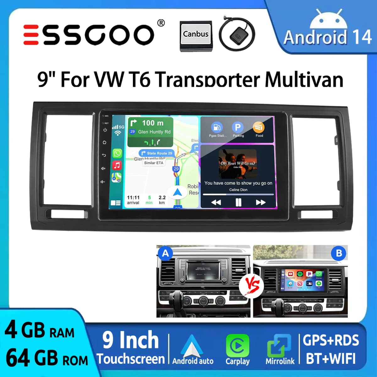 ESSGOO 9" Android 14 For VW T6 Transporter Multivan Wireless CarPlay Android Auto Car Stereo Radio GPS Navi WIFI SWC Mirror Link