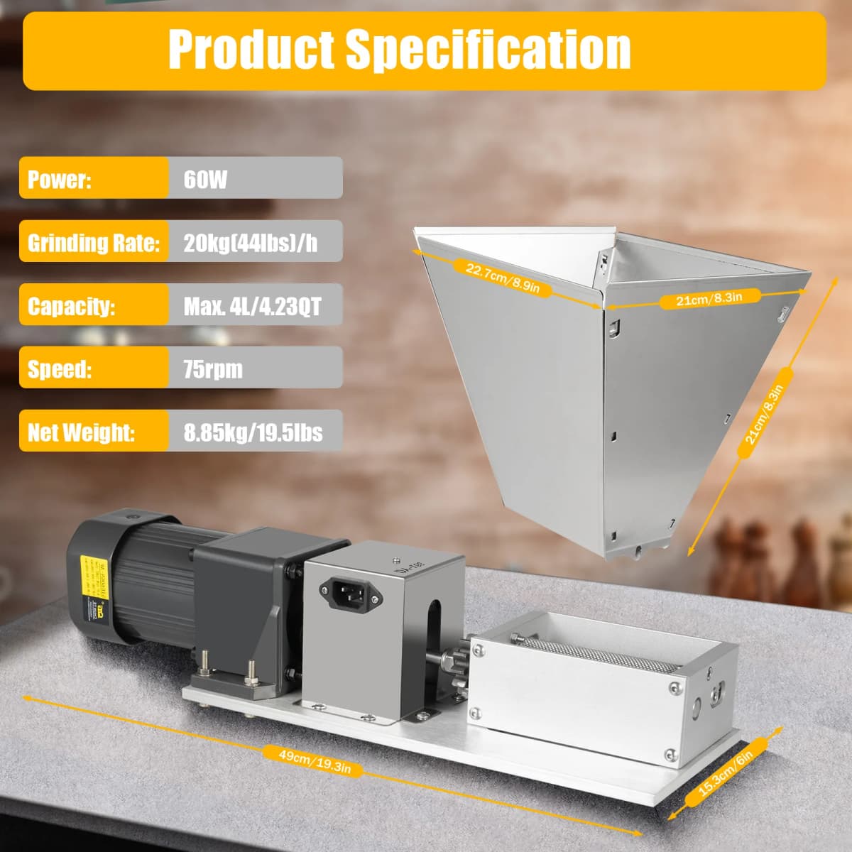 4L Electric Grain Mill 20kg/h Barley Grinder Wet/Dry Malt Crusher Grain HomeBrew Mill Widely Use For Grain Feed Production