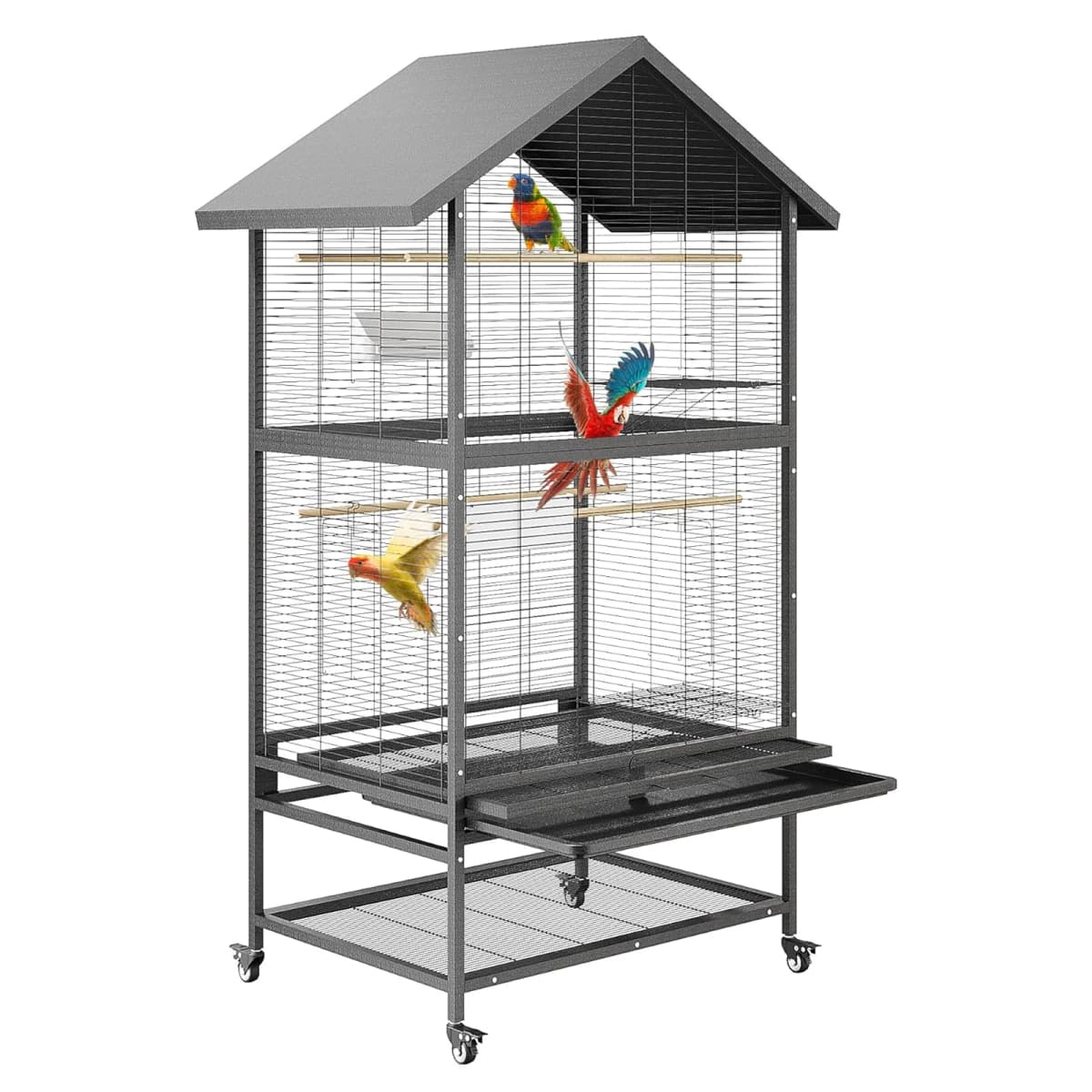 60 Inch Heavy-Duty Double-Layer Steel Parrot Breeding Cage Large Aviary with 4 Locking Casters for Macaws, African Greys