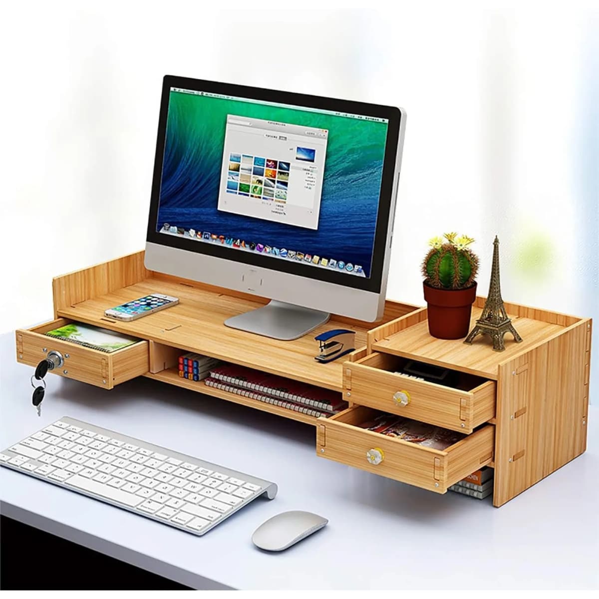 Wooden Monitor Stand, Desk Attachment with Lock, Monitor Riser Monitor Organiser Holder with Storage Space, for Computer