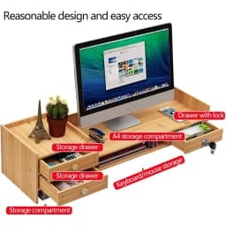 Wooden Monitor Stand, Desk Attachment with Lock, Monitor Riser Monitor Organiser Holder with Storage Space, for Computer