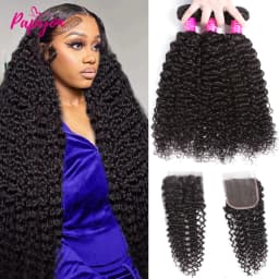 12A Brazilian Kinky Curly Bundles With Closure Human Hair Bundle Jerrly Curly Hair Bundles With Closure 4x4 Transparent Lace