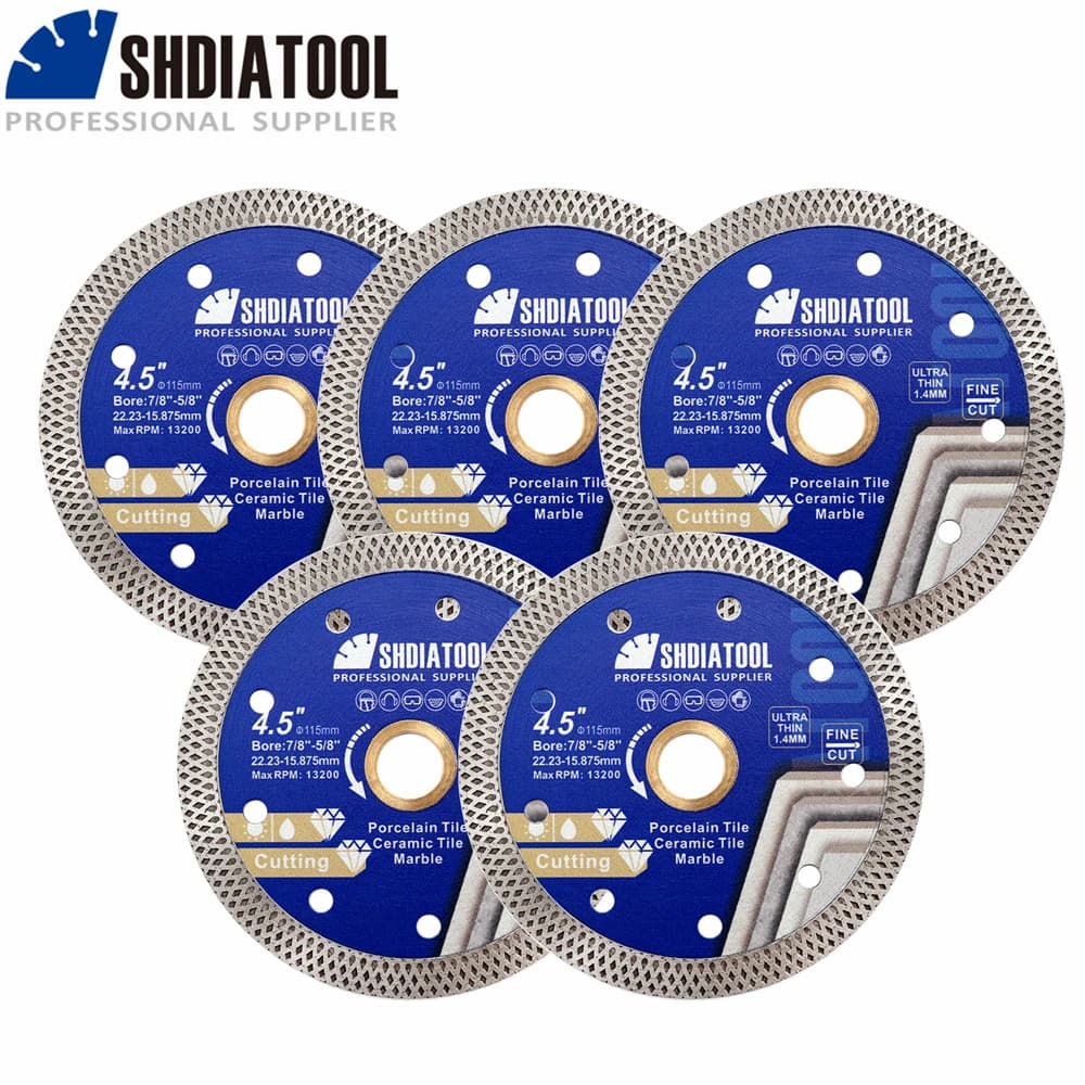 SHDIATOOL 5Pcs Dia115mm Superthin Mesh Cutting Disc Diamond Marble Saw Blade Ceramic Tile Angle Grinder 4.5Inch Circular Cutter