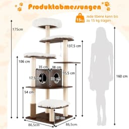 175 cm Wooden Cat Scratching Post, 6-Tier Cat Scratching Post, Large, Cat Playhouse with Cave and 5 Mats, Activity Tree