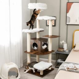 175 cm Wooden Cat Scratching Post, 6-Tier Cat Scratching Post, Large, Cat Playhouse with Cave and 5 Mats, Activity Tree