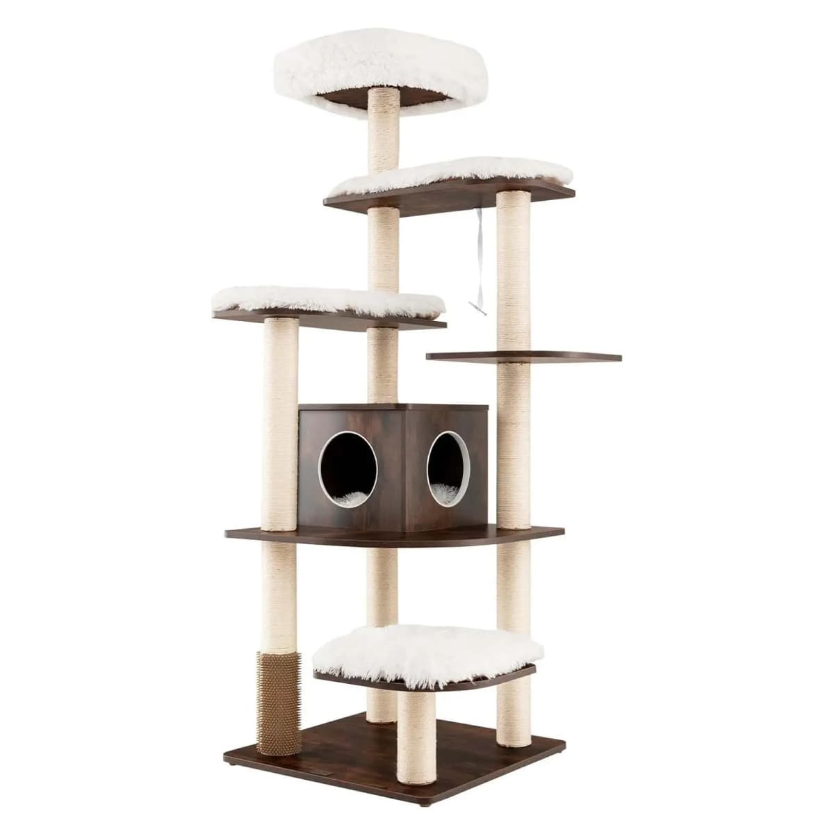 175 cm Wooden Cat Scratching Post, 6-Tier Cat Scratching Post, Large, Cat Playhouse with Cave and 5 Mats, Activity Tree