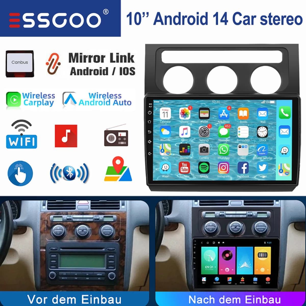 ESSGOO For VW Touran 1T1 1T2 1T3 2003-2010 10.1" Android 14 Wireless Carplay Car stereo radio GPS NAV WIFI SWC BT Mirror link FM