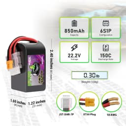 OVONIC 11.1V 150C 850mAh 6S LiPo Battery with XT30 Plug for 90-180mm Brushless FPV Drones Cinelog & Protek 25