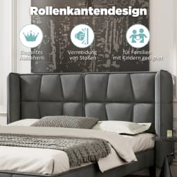 Polsterbett 140*200 mit Lattenrost und Kopfteil, Jugentbett, Holzlattenunterstützung, Einfache Montage, Samt, grau