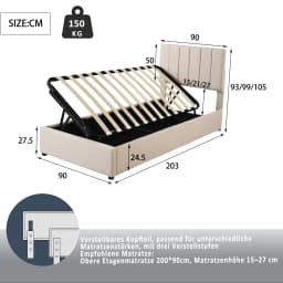 Rosahqnda90/180x200CMUBED Cot Hydraulic Storage Bed Height Adjustable Headboard Single High Box Bed