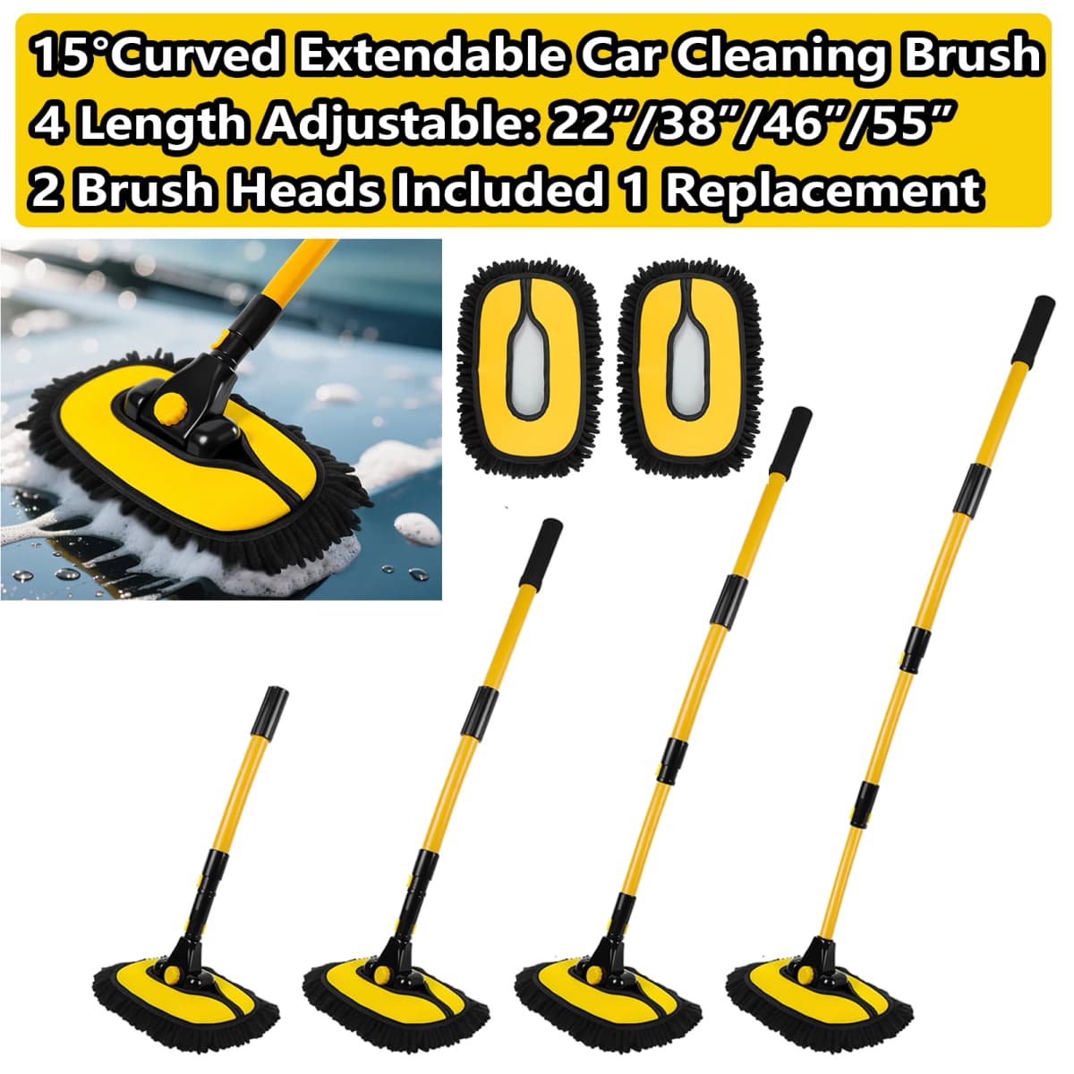 15° Curved Extendable Car Cleaning Brush with Replaceable Microfiber Mop Head, 55IN/140CM Car Wash Brush with Long Handle
