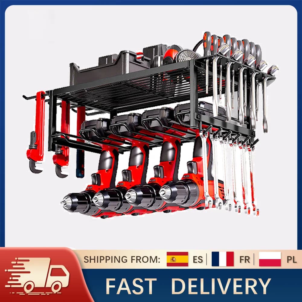 Wall Mounted Garage Tool Organizer Heavy Duty Metal Tool Rack Storage Shelf Electric Drill Holders Workshop Power Tool Cabinet