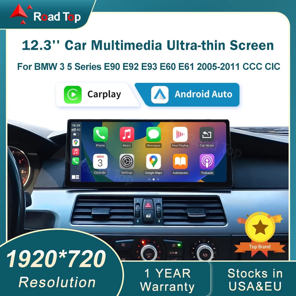 RoadTop 12.3'' Wireless CarPlay Linux Screen For BMW Series 3 5 E60 E61 E90 E91 E92 E93 CCC CIC Android Auto Multimedia Display
