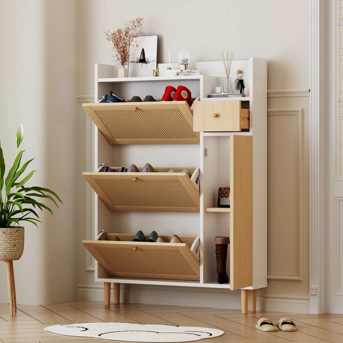 Wooden Fabric Rattan Shoe Cabinet for Narrow Entrances 3 Tilt Doors and 1 Drawer with Solid Wood Legs and Handles