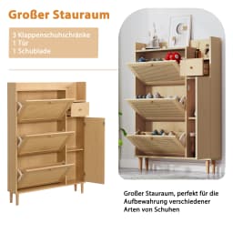 Wooden Fabric Rattan Shoe Cabinet for Narrow Entrances 3 Tilt Doors and 1 Drawer with Solid Wood Legs and Handles