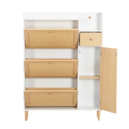 Wooden Fabric Rattan Shoe Cabinet for Narrow Entrances 3 Tilt Doors and 1 Drawer with Solid Wood Legs and Handles