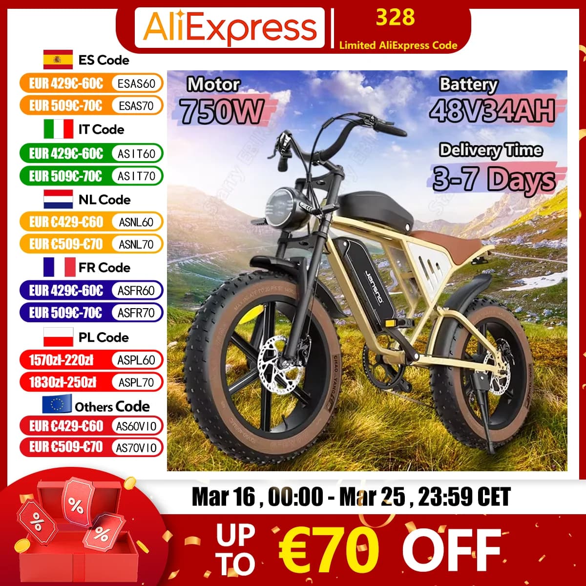 JANSNO X70G Electric Bicycle 750W Powerful Motor 48V34AH Lithium Battery Adult Electric Bike 20*4.0 inch Fat Tire Mountain Ebike
