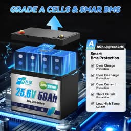 HRBEEnergy 24V 50Ah LiFePO4 Lithium Battery with 1C Max Continuous Discharge,Deep Cycle for High-Power Motors,Equipment&RV