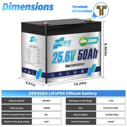HRBEEnergy 24V 50Ah LiFePO4 Lithium Battery with 1C Max Continuous Discharge,Deep Cycle for High-Power Motors,Equipment&RV