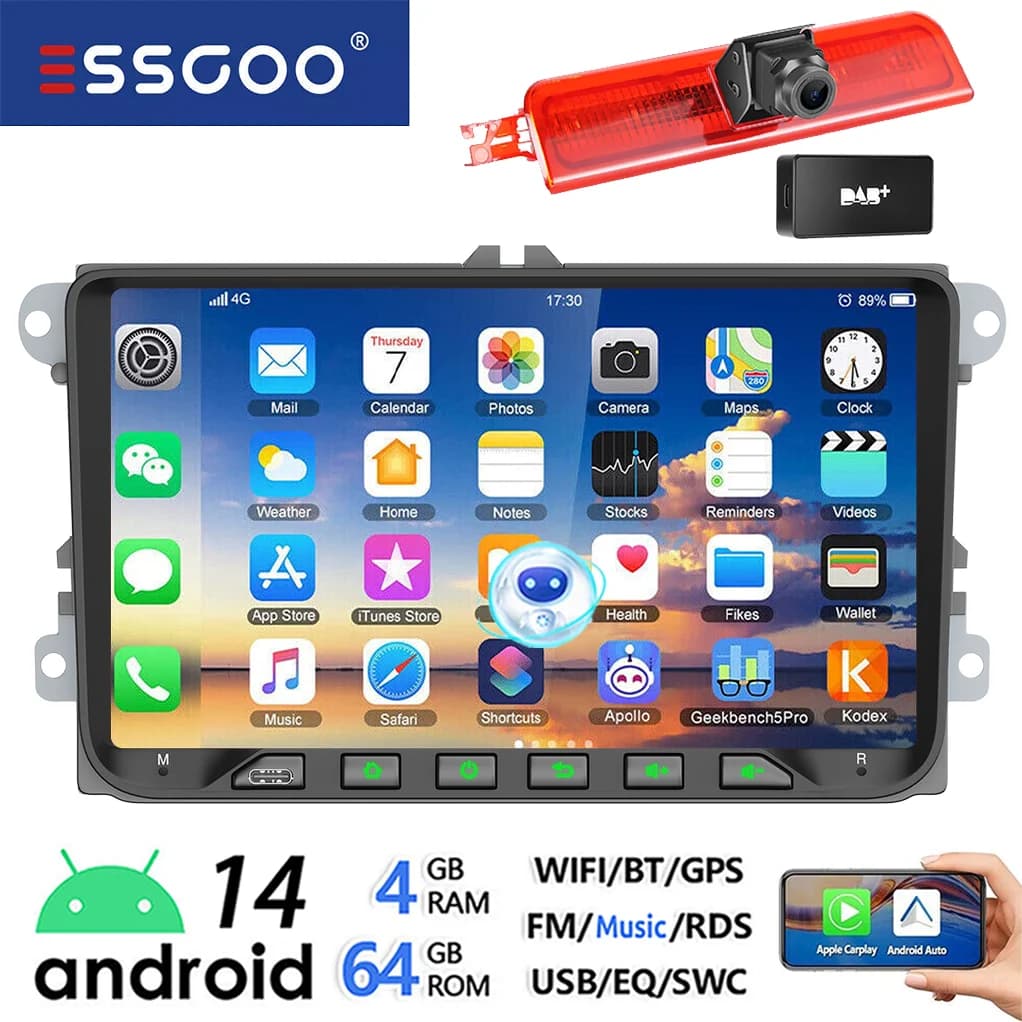 ESSGOO 7/9" Android 14 CarPlay GPS Navi for VW Caddy Life 2K Facelift Cross maxi Car Stereo Radio Rear View Camera Brake Light