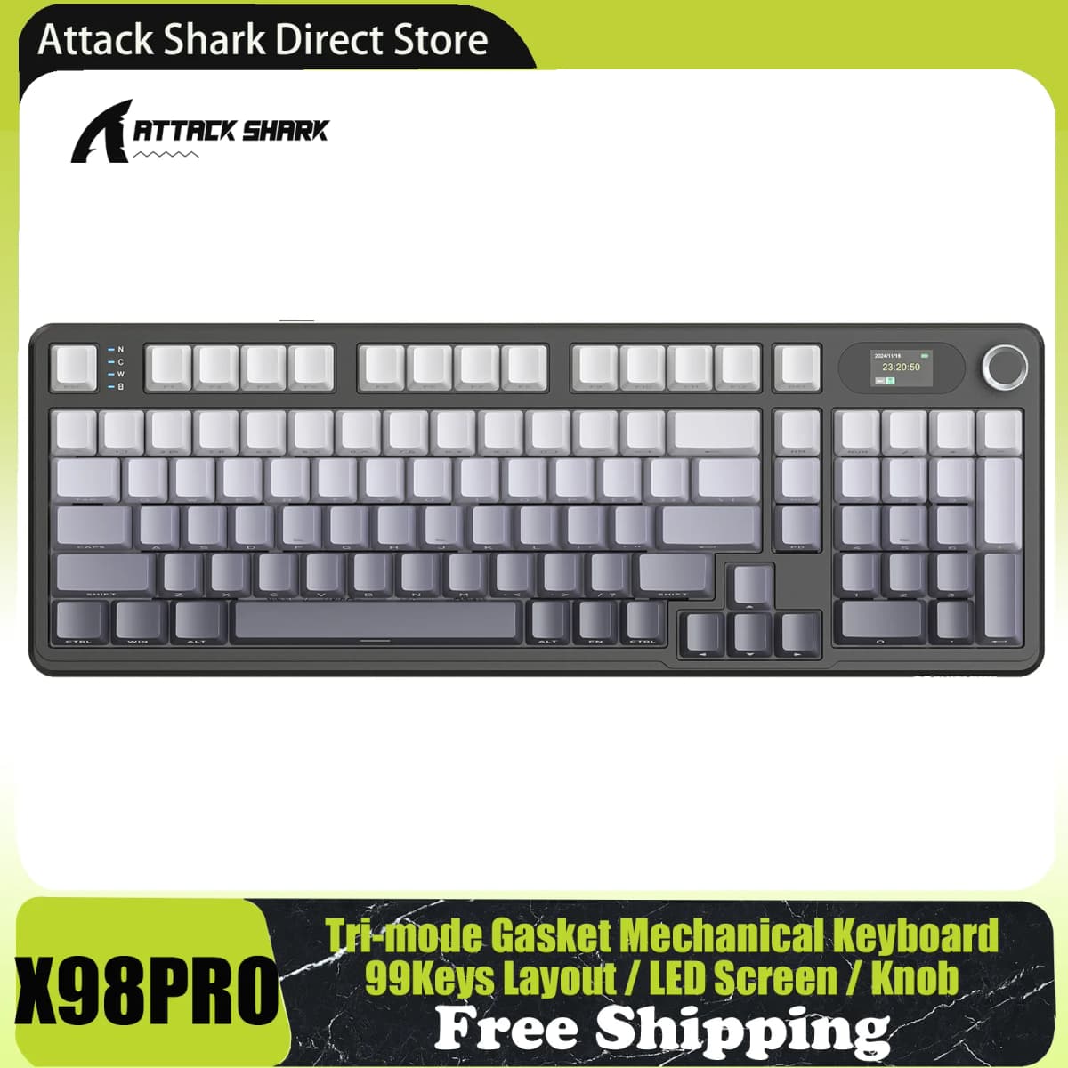 ATTACK SHARK X98PRO Tri-mode Gasket Mechanical Keyboard with TFT Screen & Knob, 99Keys Layout, 5-Layer Foams, Hot-Swap, RGB