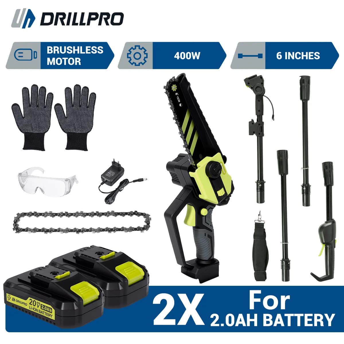 Drillpro 6 Inch Cordless Saw 2-IN-1 Brushless Motor Tree Trimmer Chainsaw w/ Telescopic Extension Pole for Garden Power Tools