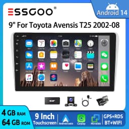ESSGOO 9" Touchscreen Android14 For Toyota Avensis 02-08 GPS Navi FM Autoradio Wireless Carplay Android Auto GPS Navi BT Wifi FM