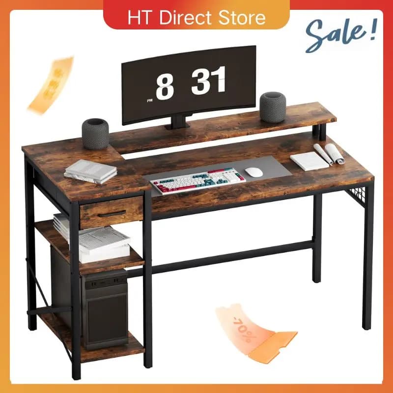 Oak & Tea Corner Desk L-Shape 120cm PC table with Adjustable Shelves & Vintage Design, office/Gaming table