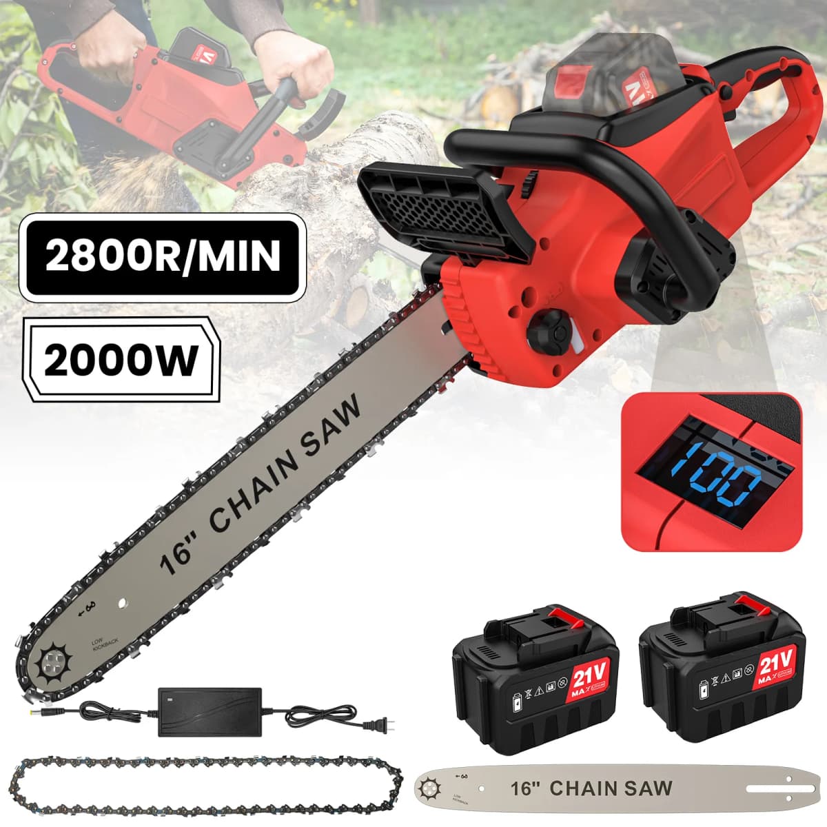 16Inch Brushless Cordless Electric Chainsaw With Automatic Oiler Anti-Slip Handle With 2 Battery Suitable For Garden Pruning