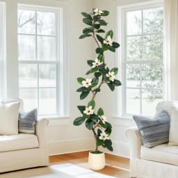 S-Shape Artificial Rubber Tree with White Planter Faux Plants Indoor Floor Artificial Trees with Magnolia Flowers for Home Decor