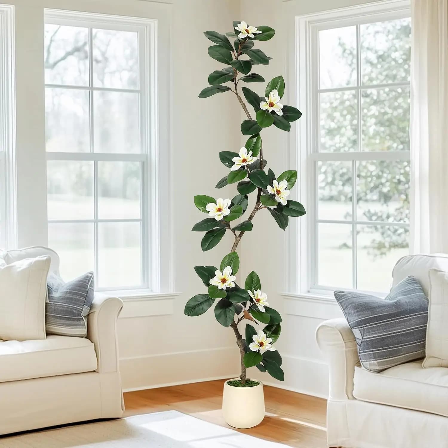 S-Shape Artificial Rubber Tree with White Planter Faux Plants Indoor Floor Artificial Trees with Magnolia Flowers for Home Decor
