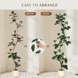 S-Shape Artificial Rubber Tree with White Planter Faux Plants Indoor Floor Artificial Trees with Magnolia Flowers for Home Decor