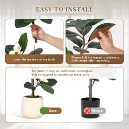 S-Shape Artificial Rubber Tree with White Planter Faux Plants Indoor Floor Artificial Trees with Magnolia Flowers for Home Decor