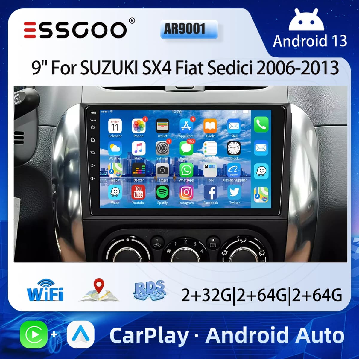 ESSGOO For Suzuki SX4 2006-2013 9" Android 13 Car Radio GPS Navi WIFI BT Wireless CarPlay Android Auto Multimedia Video Player