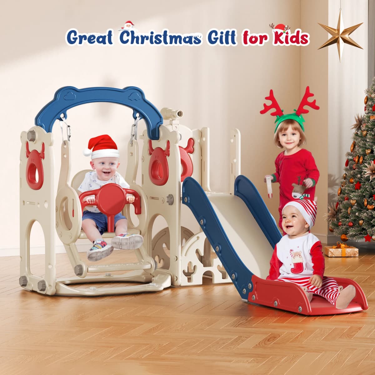 6-in-1 Slide And Swing For Toddlers With Basketball Hoop, Climbing Frame, Telescope, Storage, Slide Swing For Toddlers Kids