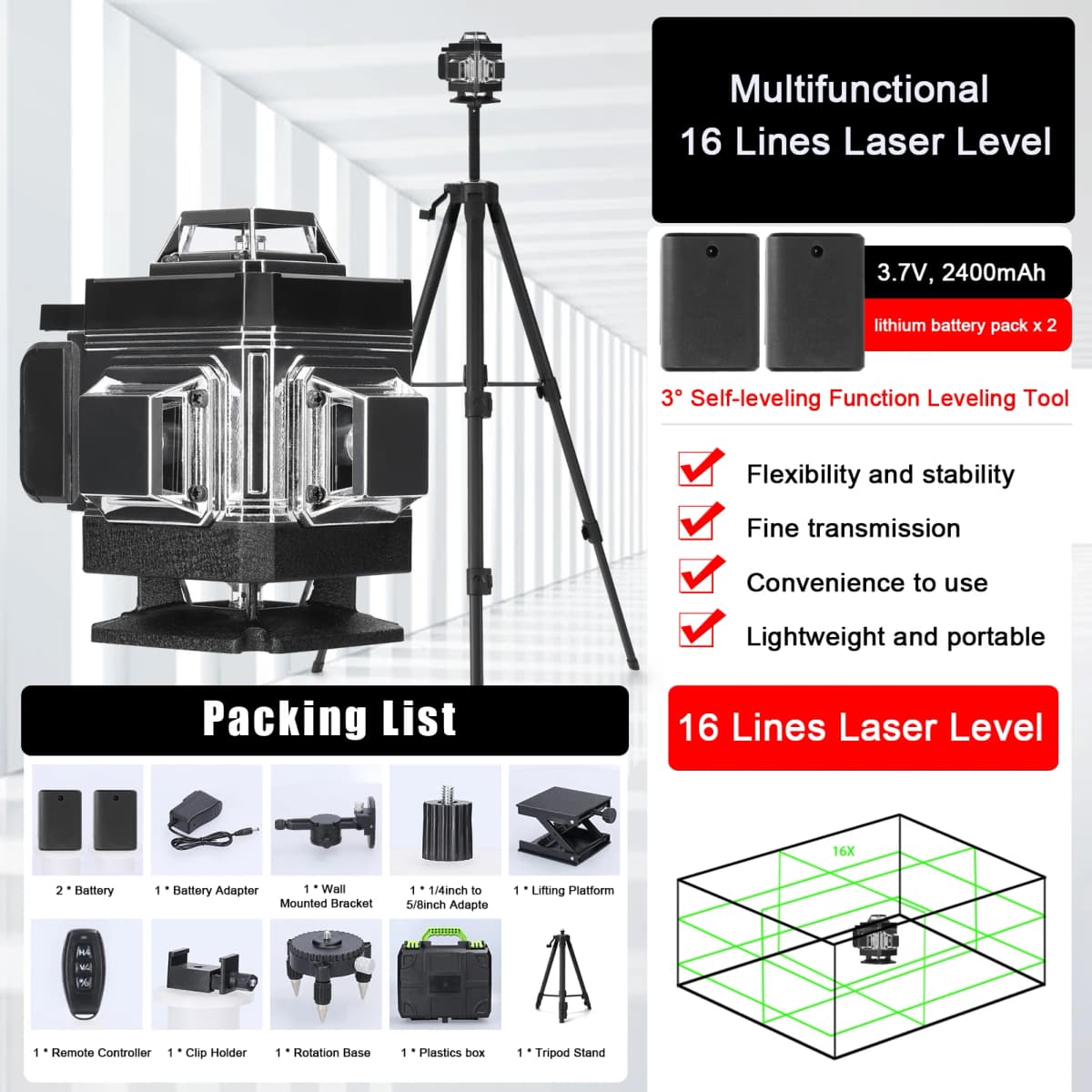 4D 16 Lines Laser Level 3° Self-leveling Level Machine Rechargeable 2 Lithium Battery Laser Leveling Tool with Tripod Stand