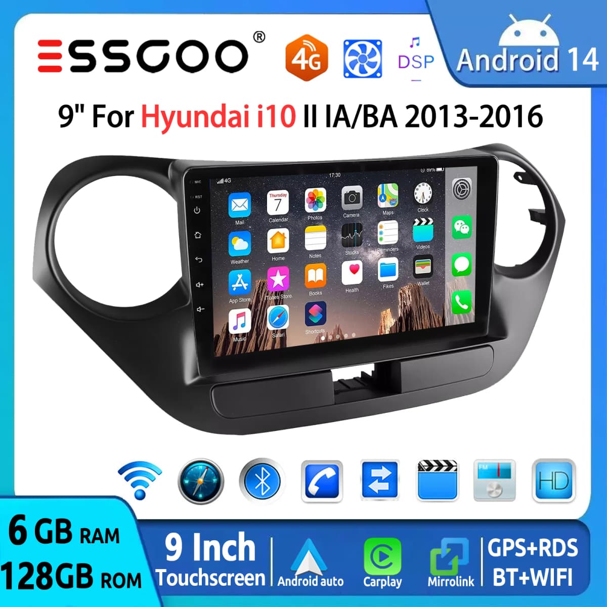 ESSGOO 8Core 128G 9" For Hyundai i10 II IA/BA 13-16 Android 14 Car Radio CarPlay Android Auto GPS Navi4G Wifi FM RDS BT DSP 2DIN