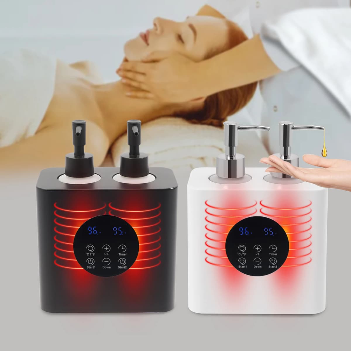 Two-Bottle Design Electric Massage Oil Warmer 360° Rapid Independent Heating Control Oil Heater Tools With LED