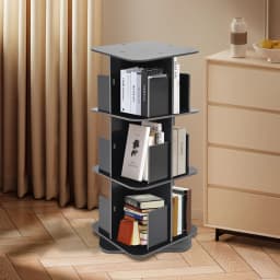 39*39*97 cm Rotating Bookshelf 3 Tier 360° Revolving Bookcase Corner PVC Wood Board Bookcase Stackable Bookshelf Organizer Black