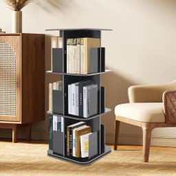 39*39*97 cm Rotating Bookshelf 3 Tier 360° Revolving Bookcase Corner PVC Wood Board Bookcase Stackable Bookshelf Organizer Black