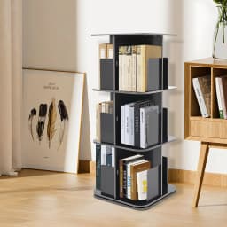 39*39*97 cm Rotating Bookshelf 3 Tier 360° Revolving Bookcase Corner PVC Wood Board Bookcase Stackable Bookshelf Organizer Black