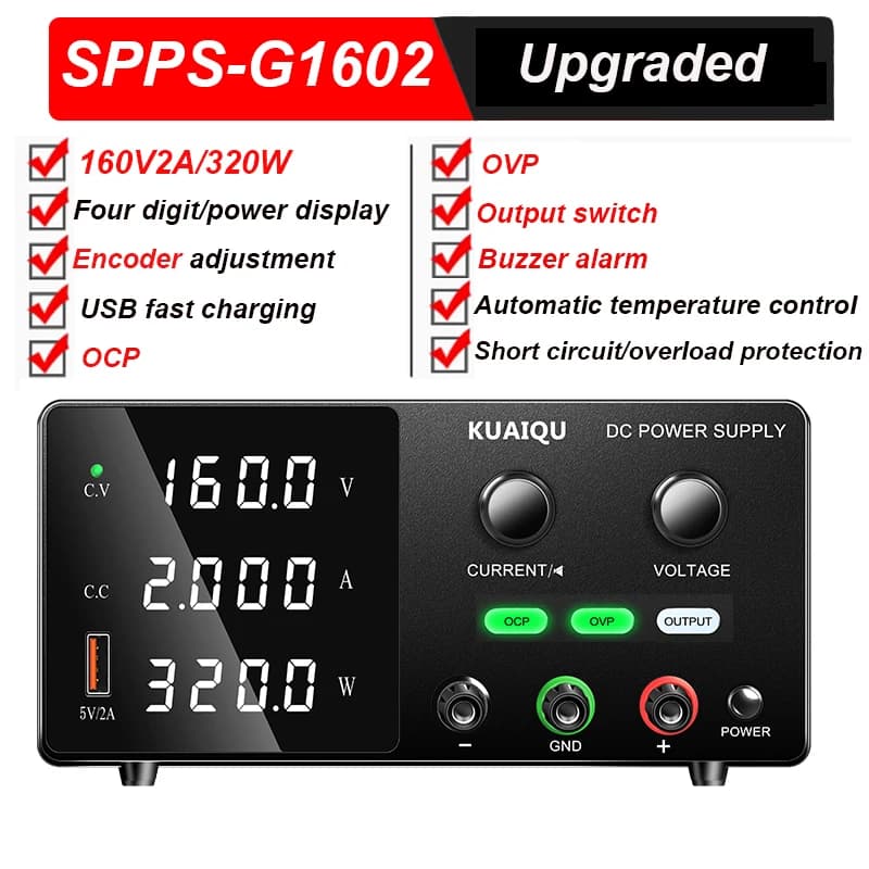 KUAIQU OCP OVP Laboratory Power Supply,160V 2A, 30V 10A 5A Adjustable Regulated Power Supply,OUTPUT Switch, USB Port, For Repair