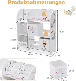 3-Tier Children's Shelf, Freestanding Nursery Shelf with 5 Compartments & 2 Storage Boxes,93 x 30 x 102 cm (Tier Pirate)