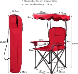 Camping Chair with Sun Canopy, Fishing Chair with Drink Holder, Folding Chair with Carry Bag, Folding Chair 120 kg Load Capacity