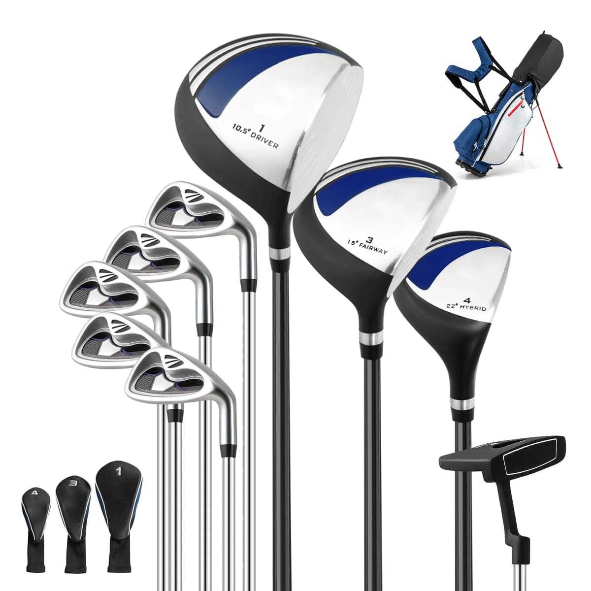Men's Complete Golf Clubs Set, Includes 460CC #1 Driver, #3 Fairway, #4 Hybrid, #6, #7, #8, #9 & #P Irons, Putter, 3 Head Covers