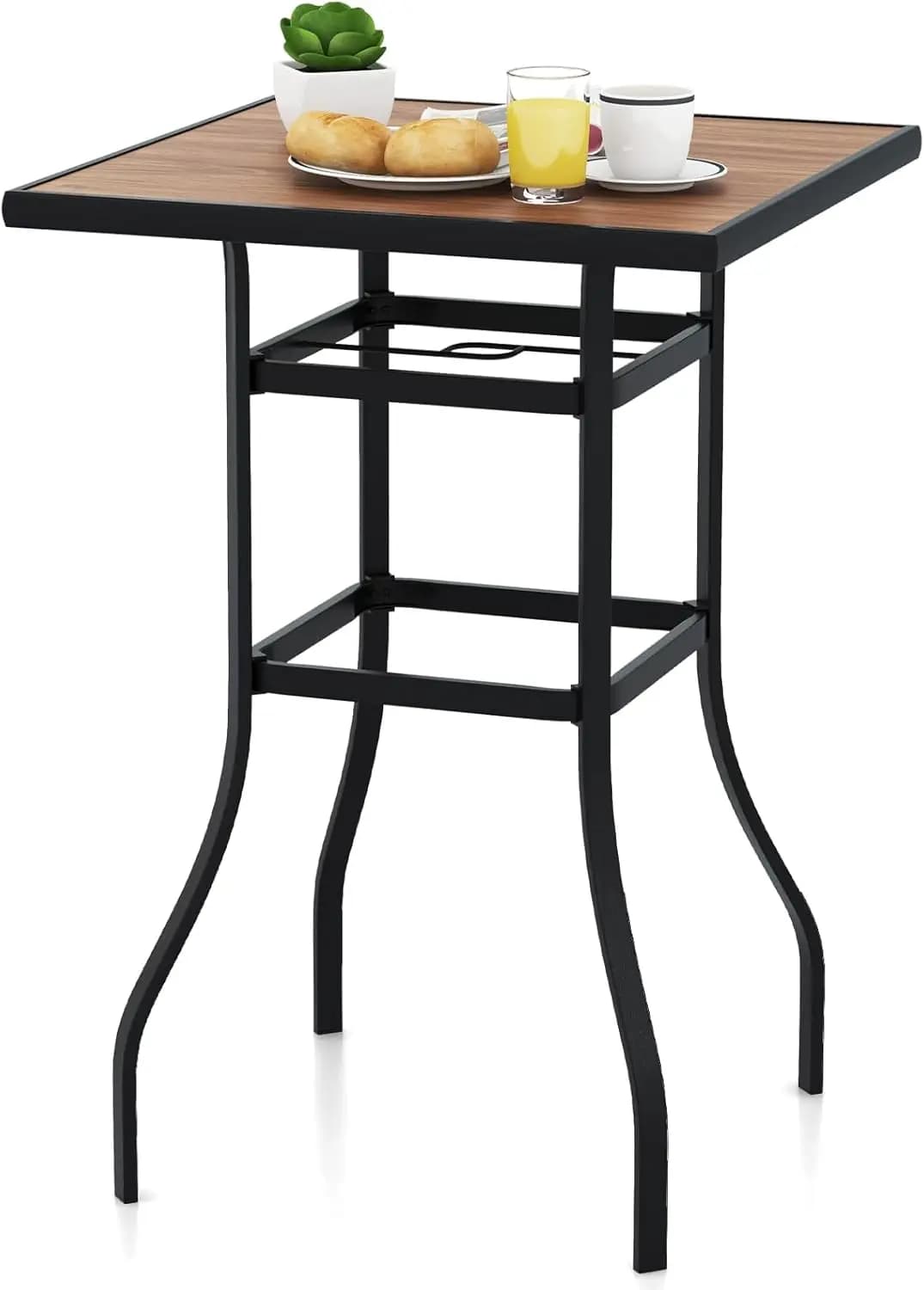 Bistro table with umbrella hole, garden table with wood look tabletop, square balcony table for garden, 70 x 70 x 102 cm