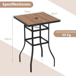 Bistro table with umbrella hole, garden table with wood look tabletop, square balcony table for garden, 70 x 70 x 102 cm