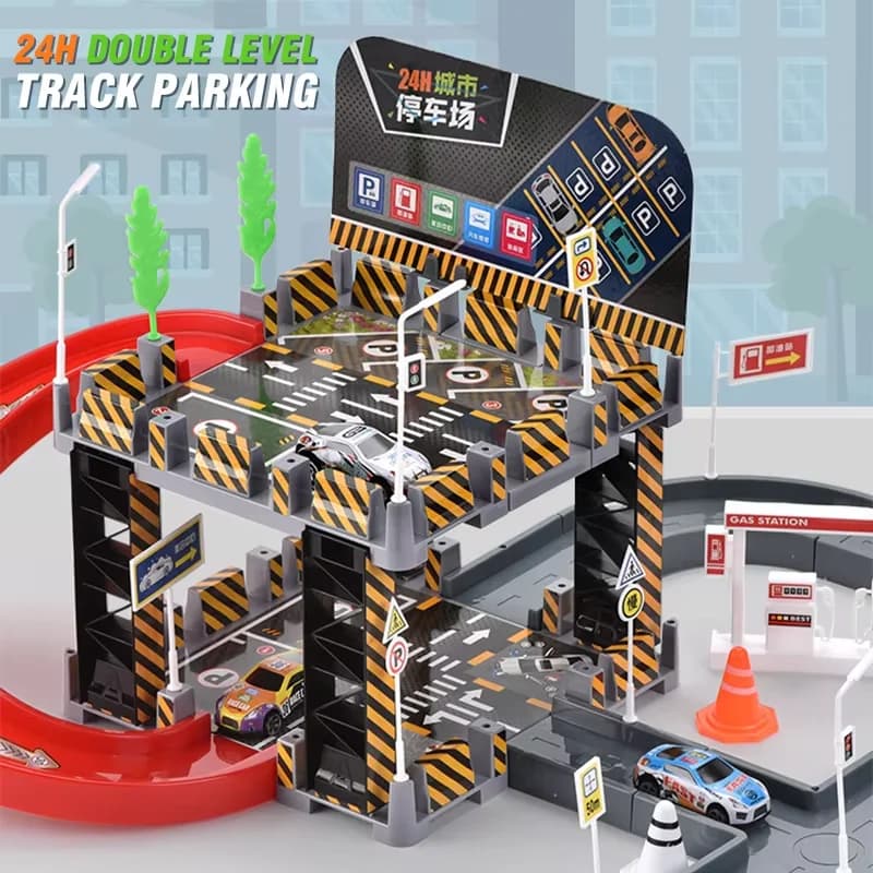 Six-Ply Track Parking Building with Four Mini Alloy Vehicle Parking Lot Toys Puzzle Splicing Toys Racing Rail Car Birthday Gift