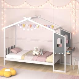 House Bed with Desk 90 x 200cm,Children's Bed with Slatted Frame,Desk with Storage Box,Drawers and Hooks,Wooden Bed for Children